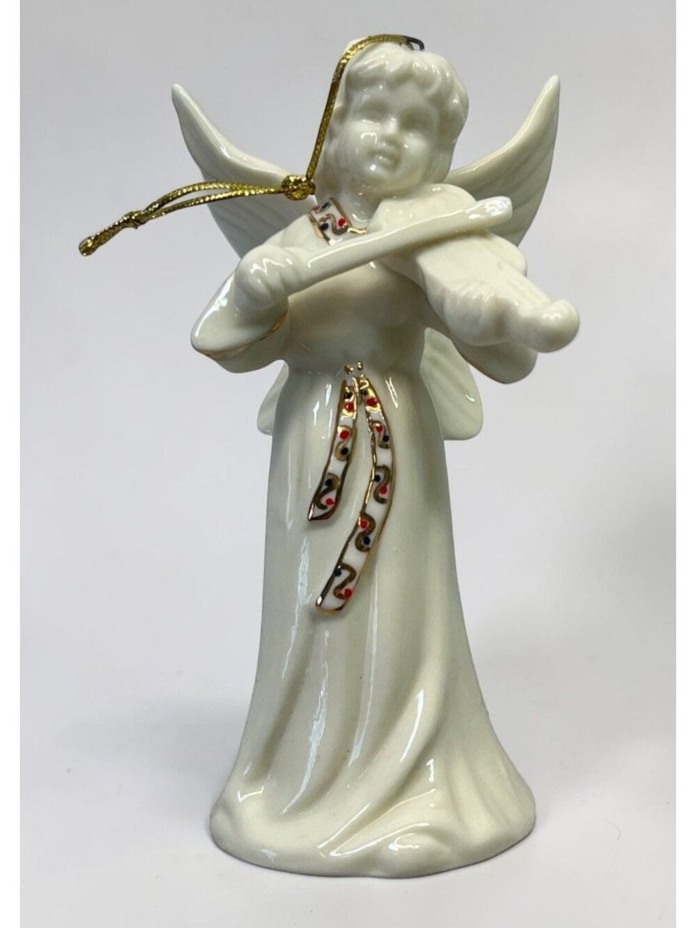 Holiday Angel Christmas Tree Ornament Bell Violin Player White with Gold Trim